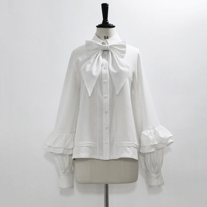 Elegant White Bow Blouse with Ruffle Sleeves