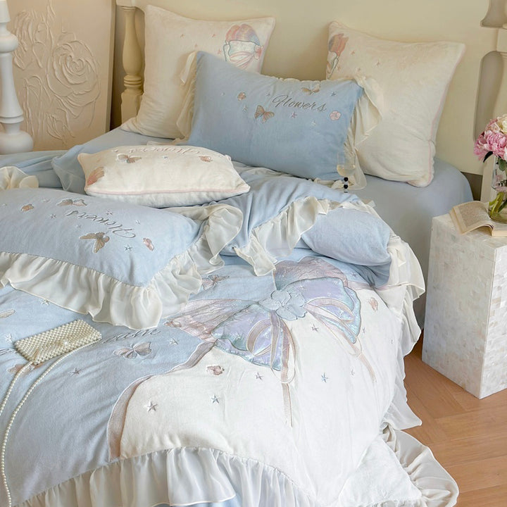 Butterfly Embroidery Milk Velvet Autumn/Winter Duvet Cover Set