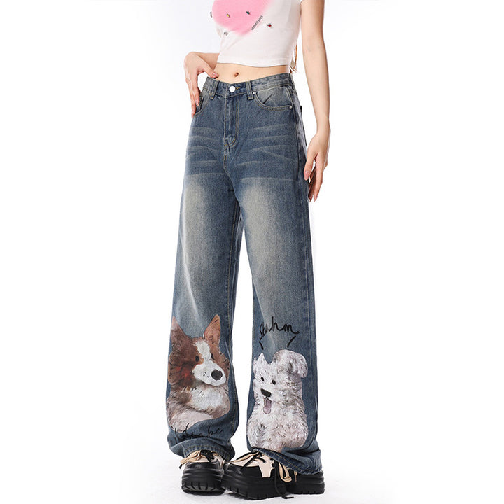 Puppy-print American high-waisted loose straight-leg jeans