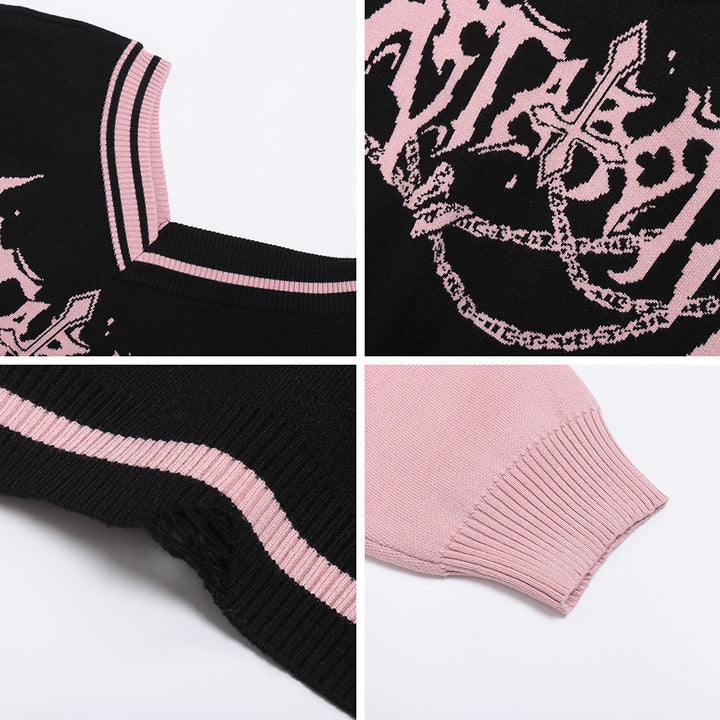 Y2K black and pink V-neck sweater for autumn winter Spring