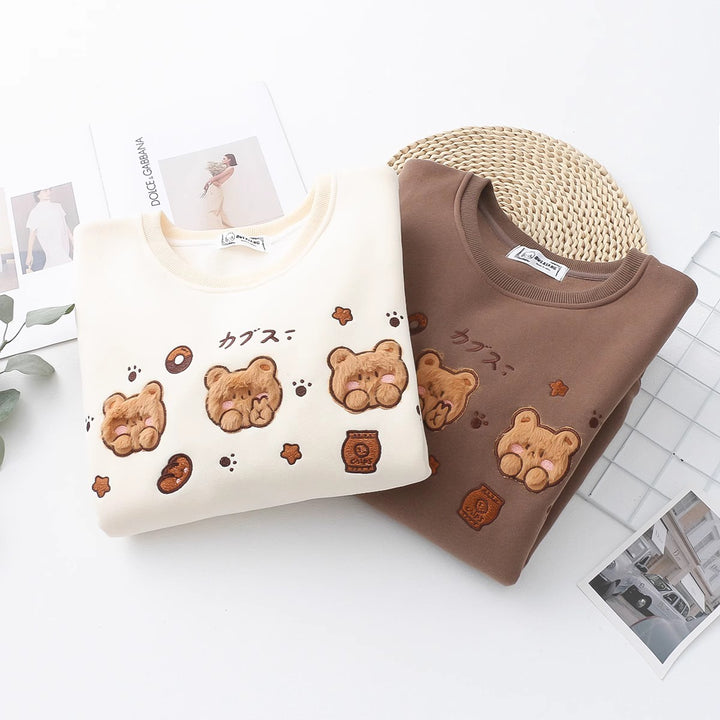 Cartoon Bear Round Neck Thick Hoodie