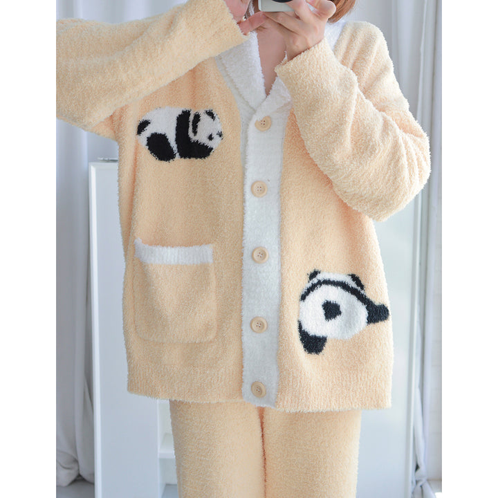 Panda Pattern Pocket Button-up Lapel Winter Pajama Set