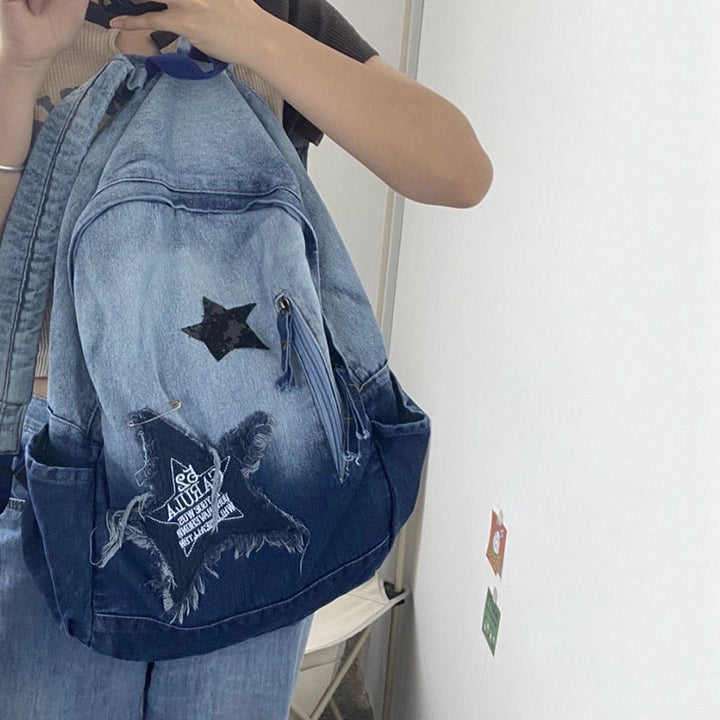 Stars Embroidery Denim Backpack