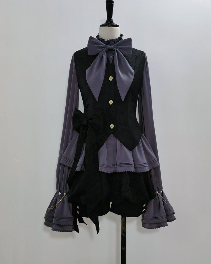 Elegant Purple Blouse with Large Bow and Ruffle Sleeves