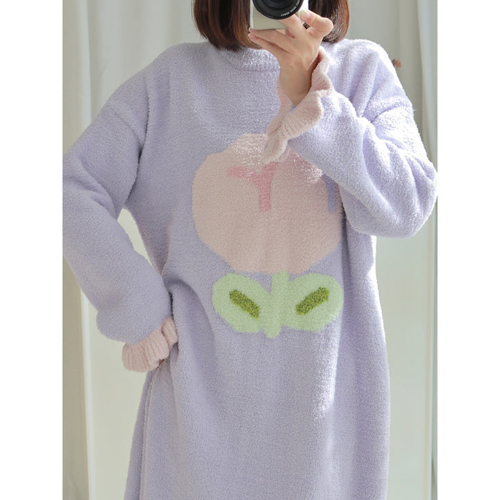 Tulip Pattern Round Neck Winter Nightgown Pajamas Dress