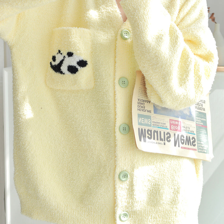 Panda Pattern V-neck Button-up Winter Pajamas Set