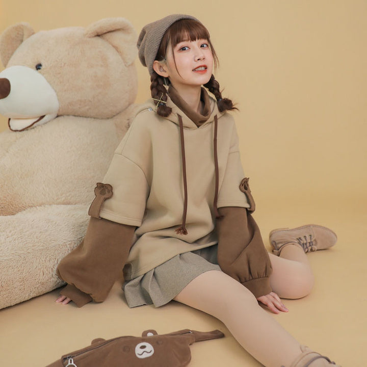Cute Bear Fake Two-Piece Plush Hoodie