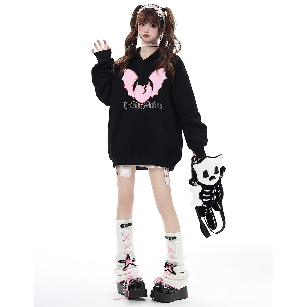 Little Devil Horns Bat Embroidery Thickened Hooded Loose Hoodie