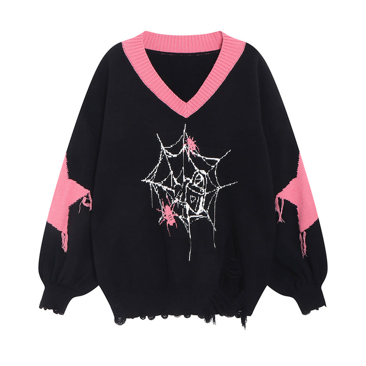 Cool Star Spider Web Pattern Loose V-neck Knit Sweater