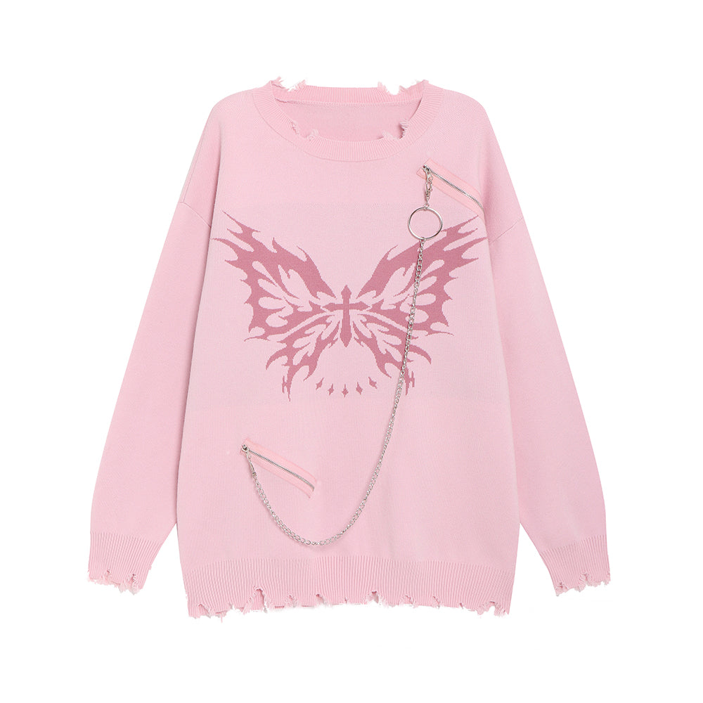 Butterfly Pattern Chain-Decorated Round Neck Knit Sweater
