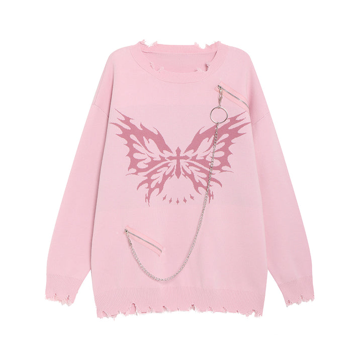Butterfly Pattern Chain-Decorated Round Neck Knit Sweater