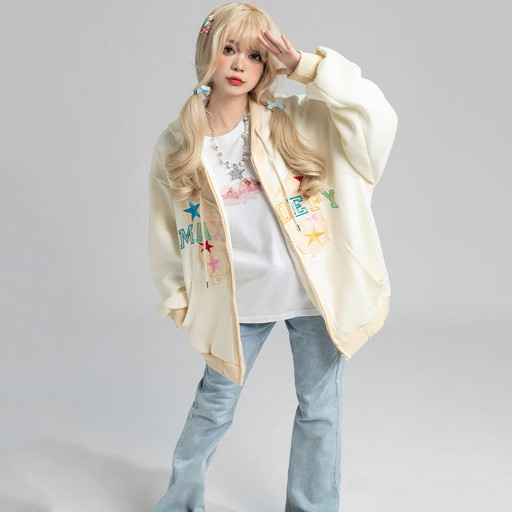 Letter Star Butterfly Embroidery Hooded Jacket