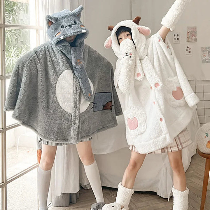 Cartoon Wolf Sheep Plush Wearable Hooded Blanket