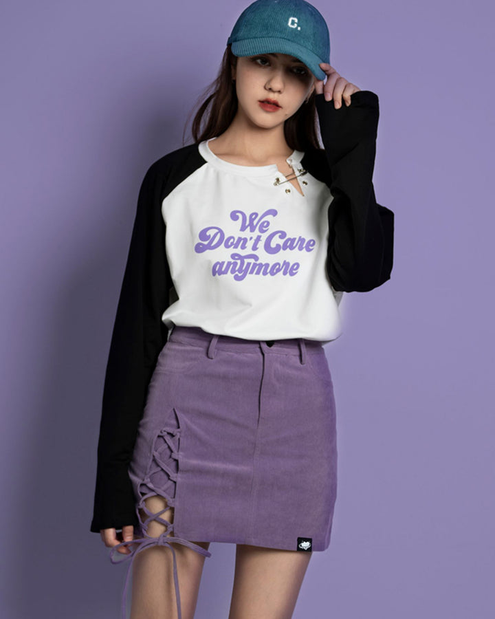 Purple Corduroy Tie-Waist Slit Mini Skirt