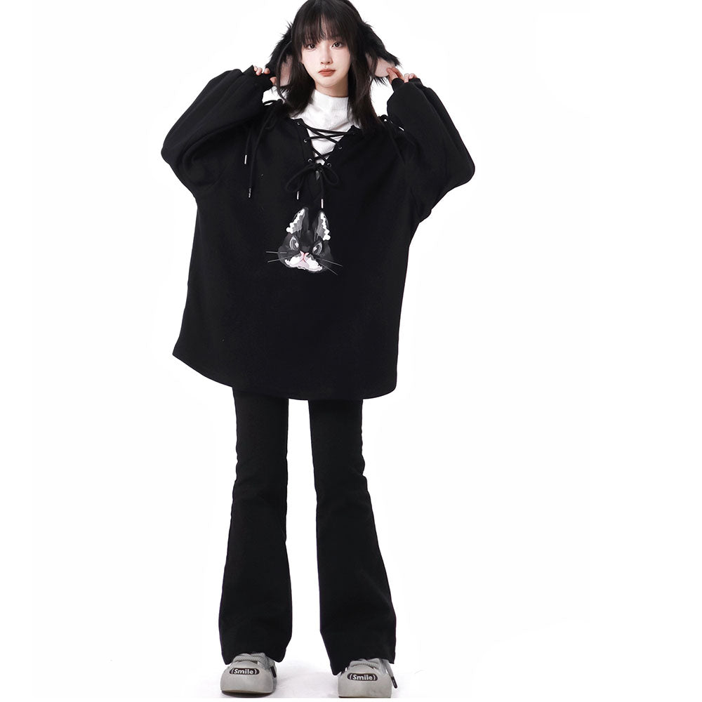 Kitty Pattern Coat Top Fleece Straight Leg Pants Hoodie