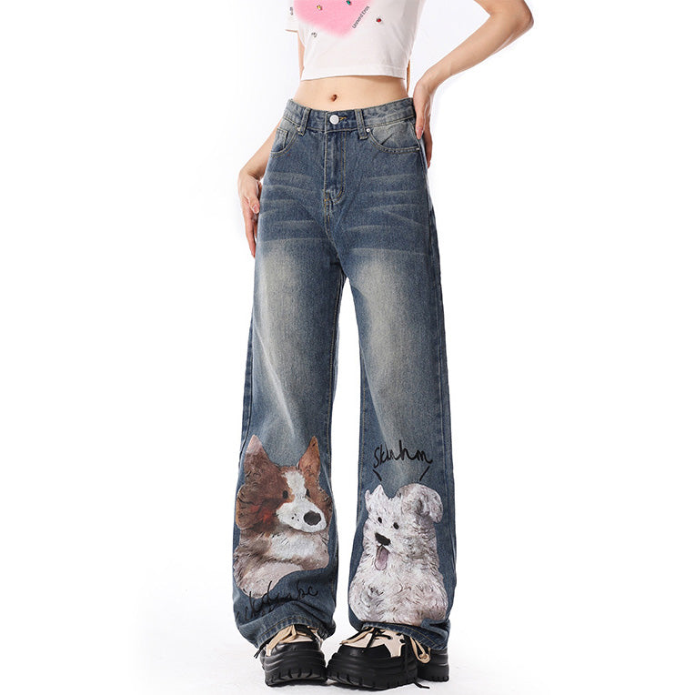 Puppy-print American high-waisted loose straight-leg jeans