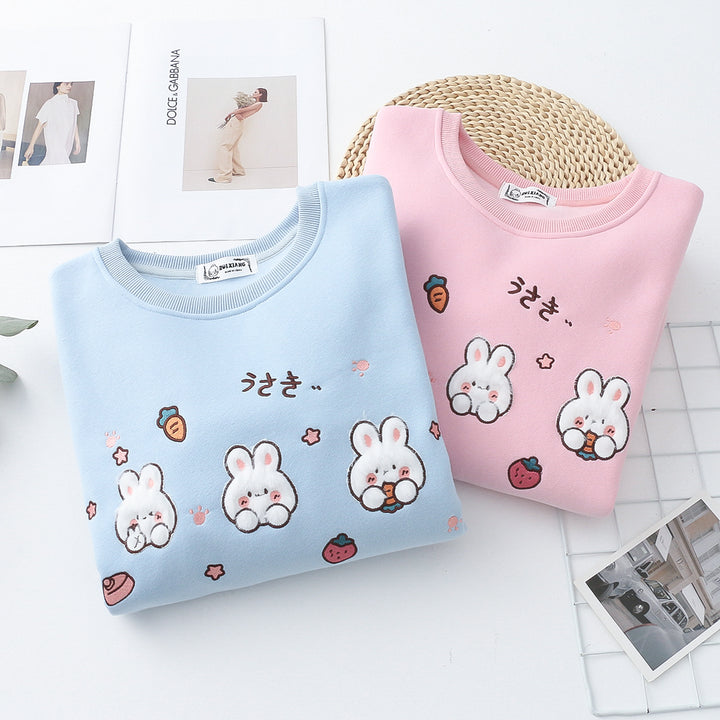 Cartoon Rabbit Round Neck Thick Hoodie