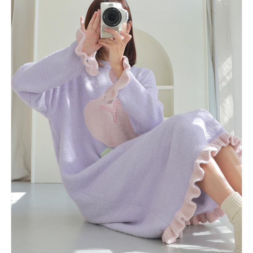 Tulip Pattern Round Neck Winter Nightgown Pajamas Dress