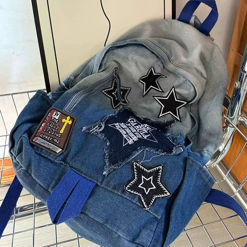 Stars Embroidery Denim Backpack