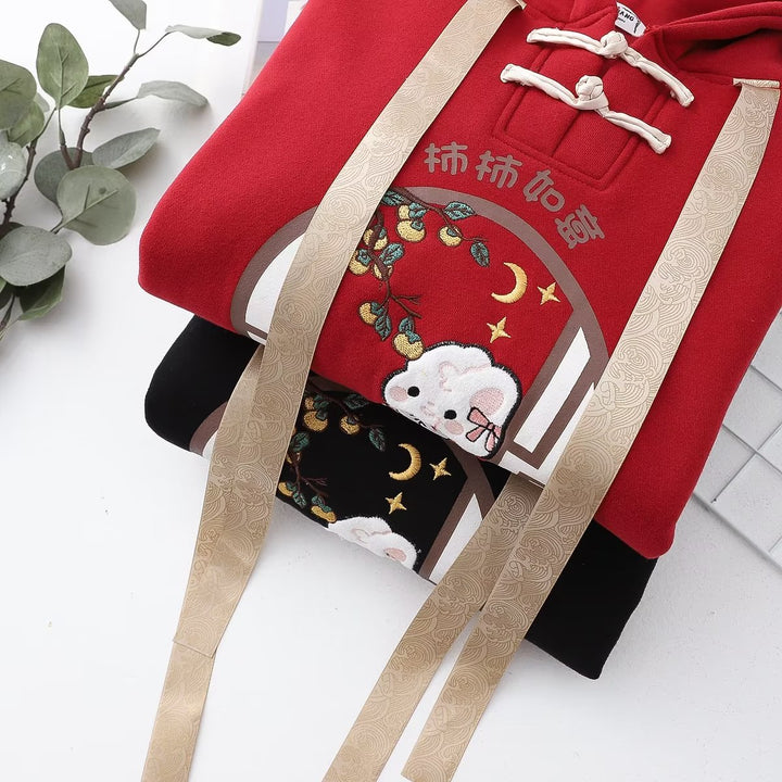 Vintage Chinese Style White Rabbit Pattern Fleece Hoodie