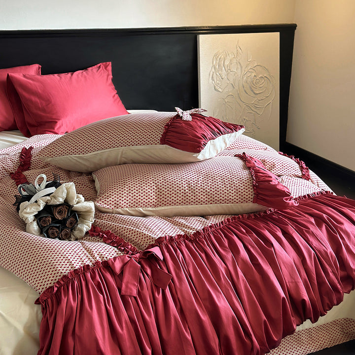 Romantic Red Polka Dot Bow Cotton Bedding Set