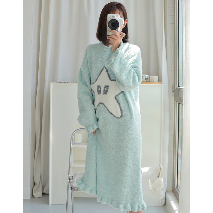 Cute Star Pattern Round Neck Winter Nightgown Pajamas Dress