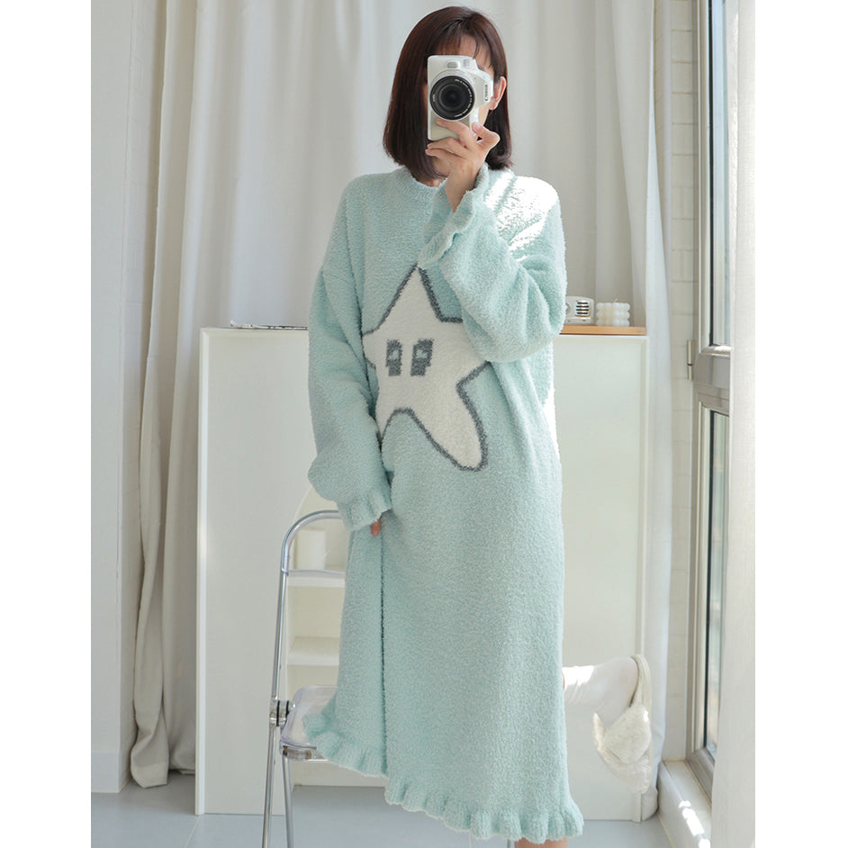 Cute Star Pattern Round Neck Winter Nightgown Pajamas Dress