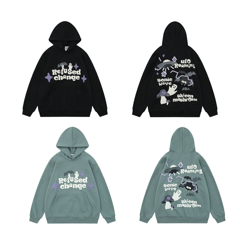 Vintage Bat Ghost Letter Print Hoodie with Pockets