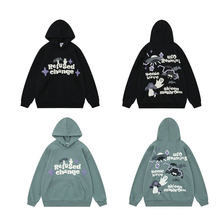 Vintage Bat Ghost Letter Print Hoodie with Pockets