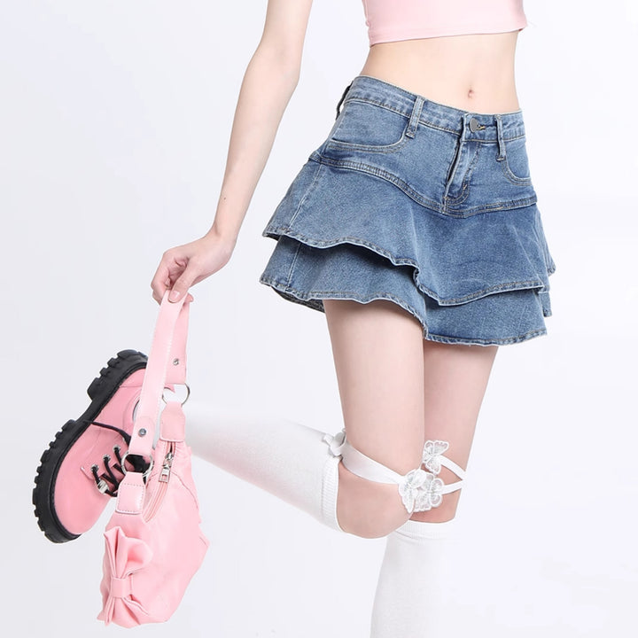 Korean Summer High Waist ruffle Denim Skirt