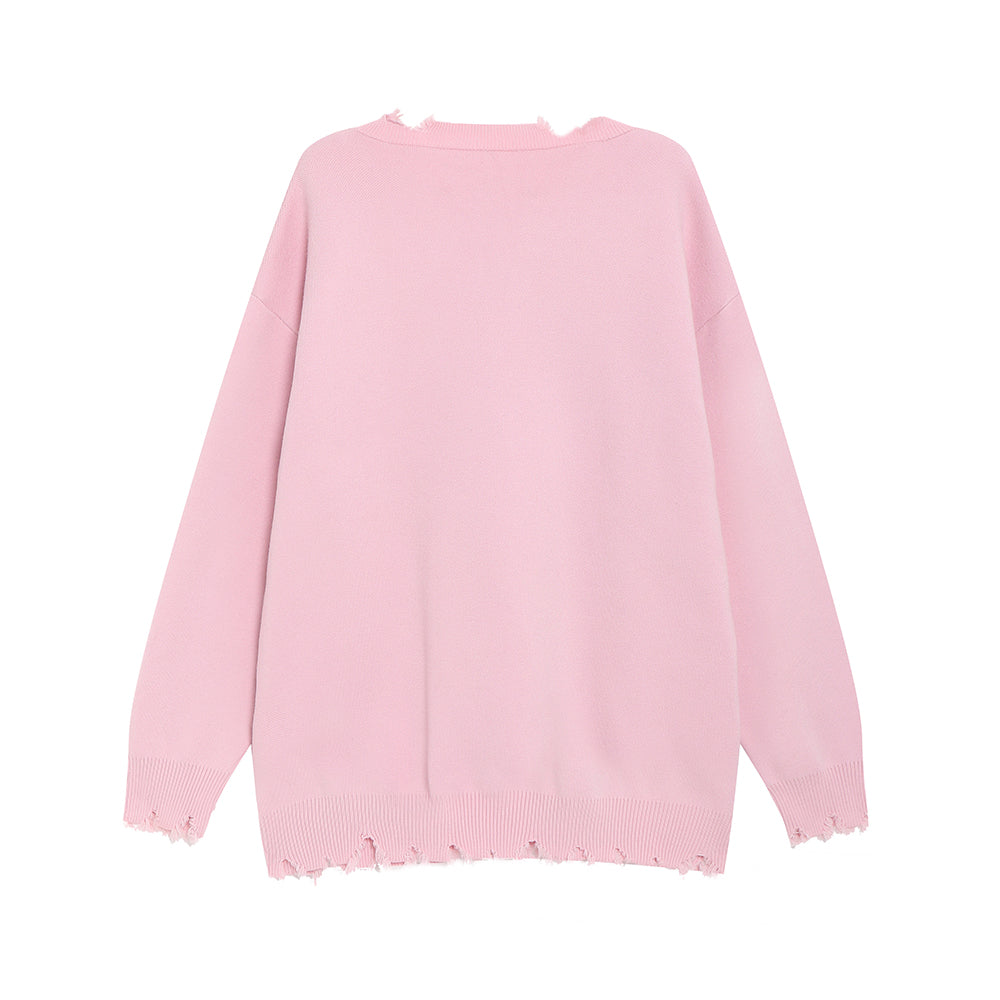 Butterfly Pattern Chain-Decorated Round Neck Knit Sweater