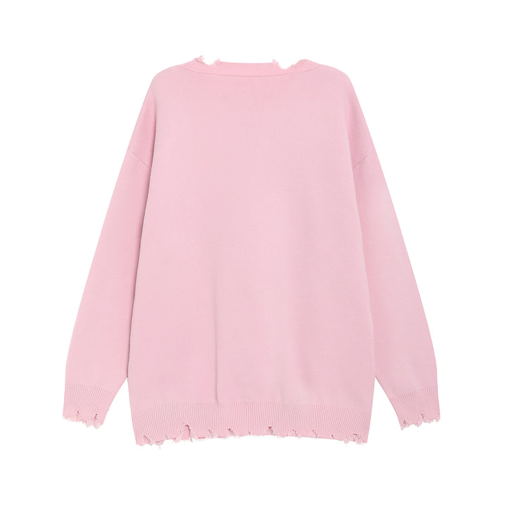 Butterfly Pattern Chain-Decorated Round Neck Knit Sweater