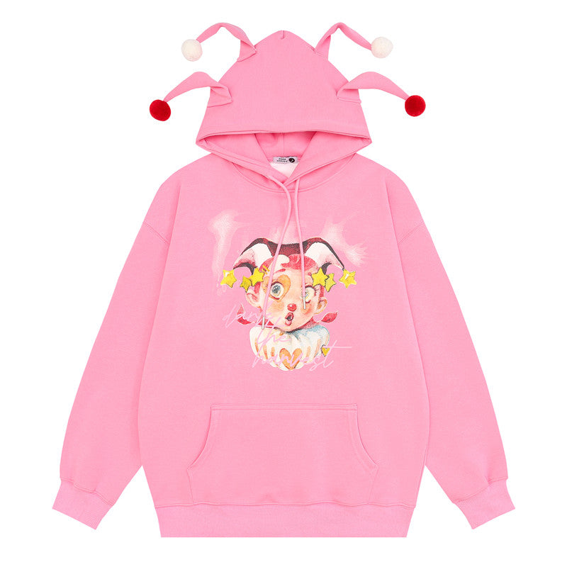 Circus Clown Print Pocket Loose Hoodie