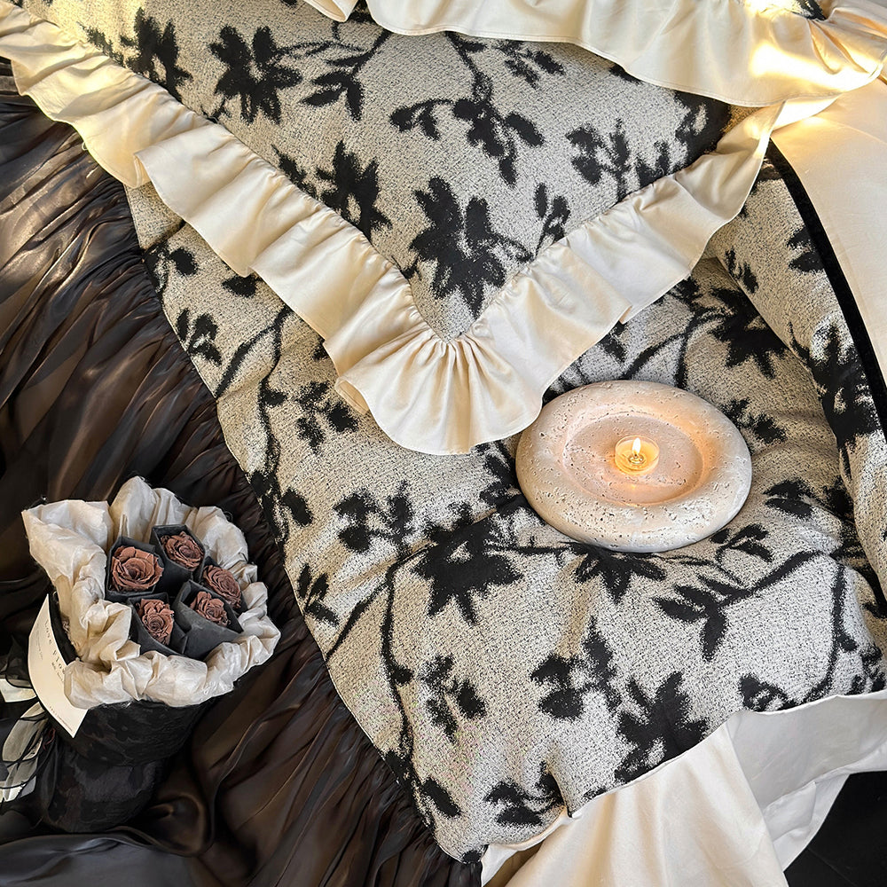 French Romantic Black Ruffled Cotton Duvet Cover