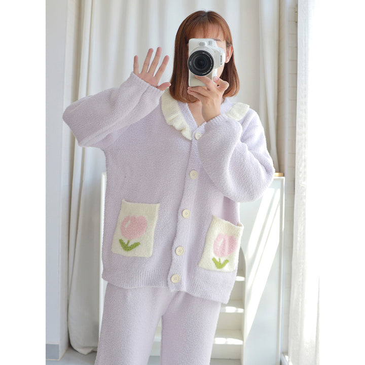 Tulip Pattern Pocket Button-up Lapel Winter Pajama Set