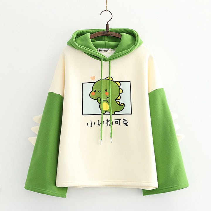 Dinosaur Japanese Letter Print Warm Hoodie