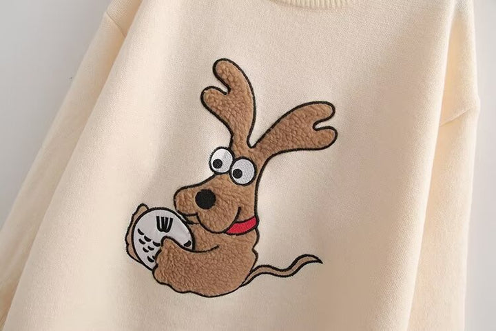Cartoon Reindeer Embroidered Sweater