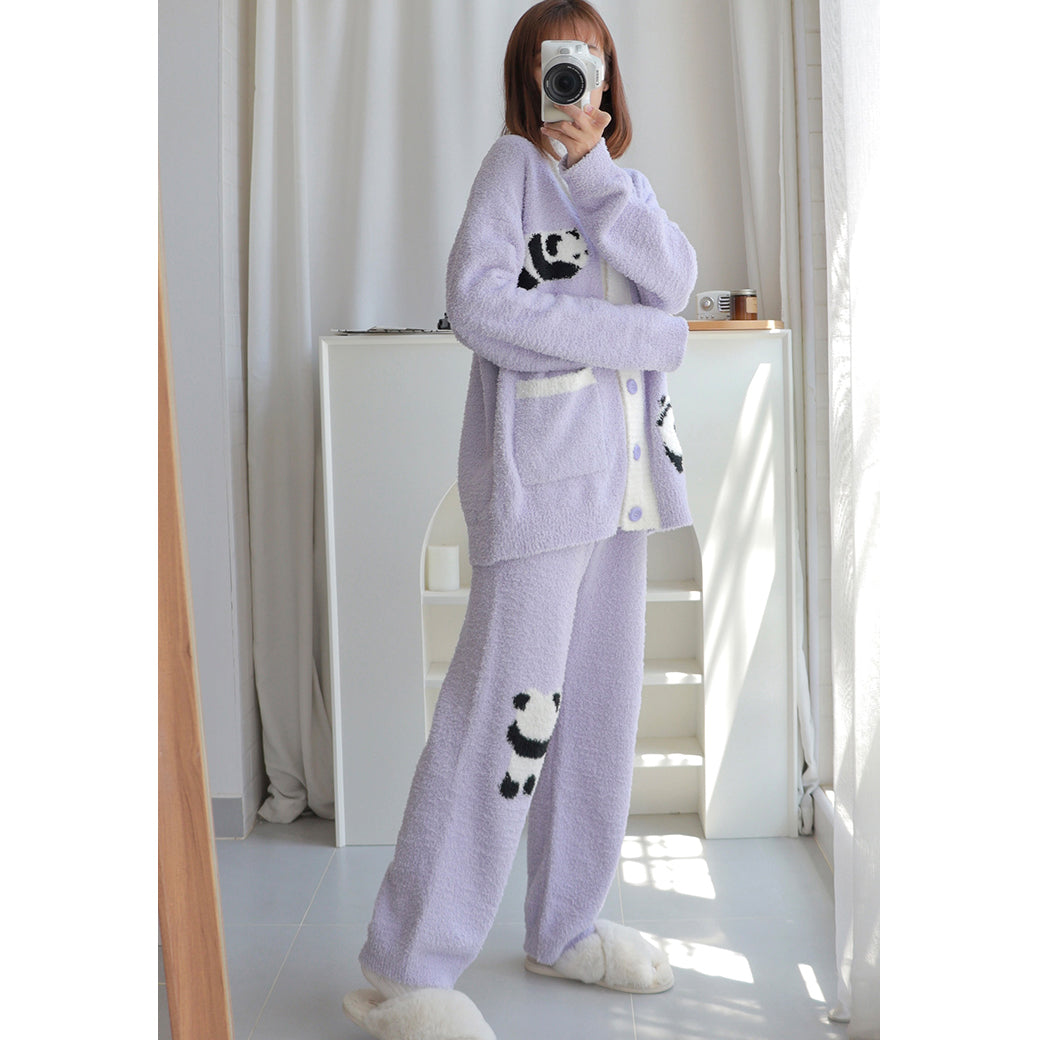 Panda Pattern Pocket Button-up Lapel Winter Pajama Set