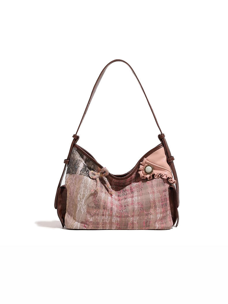 Vintage Plaid Lace Tote Bag