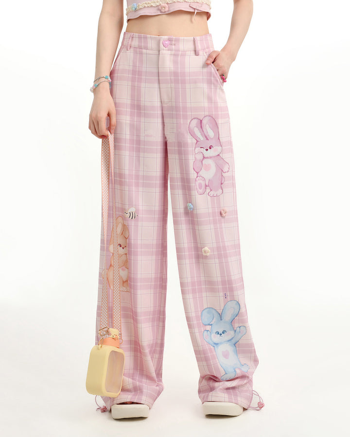 Cute Bunny Printed Pink Plaid Straight-leg Pants