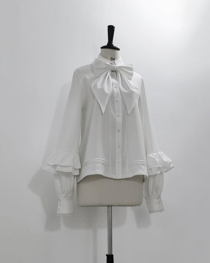 Elegant White Bow Blouse with Ruffle Sleeves