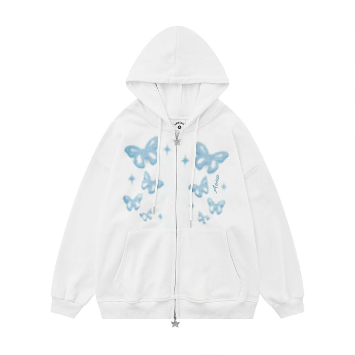 Y2K Butterfly Print Lace Up Zipper Hooded Sweatshirt