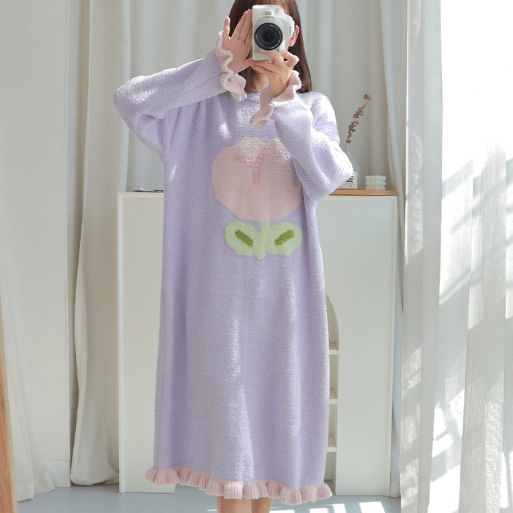 Tulip Pattern Round Neck Winter Nightgown Pajamas Dress