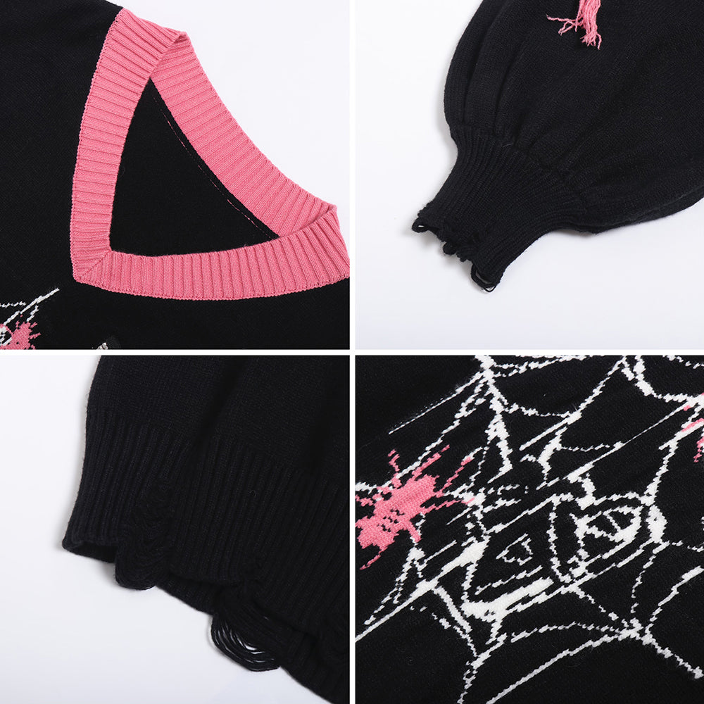 Cool Star Spider Web Pattern Loose V-neck Knit Sweater
