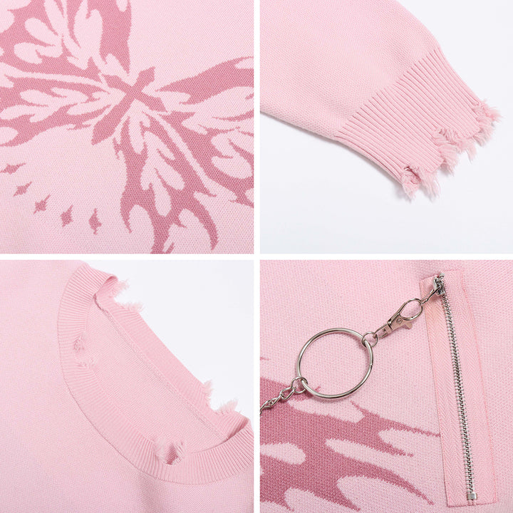 Butterfly Pattern Chain-Decorated Round Neck Knit Sweater