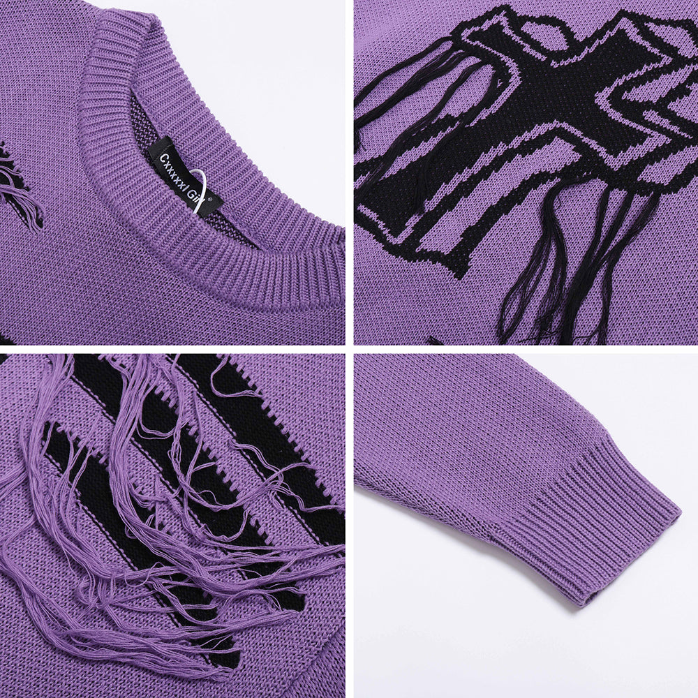 Cross Pattern Distressed Holes Black-Purple Loose Fit Sweater