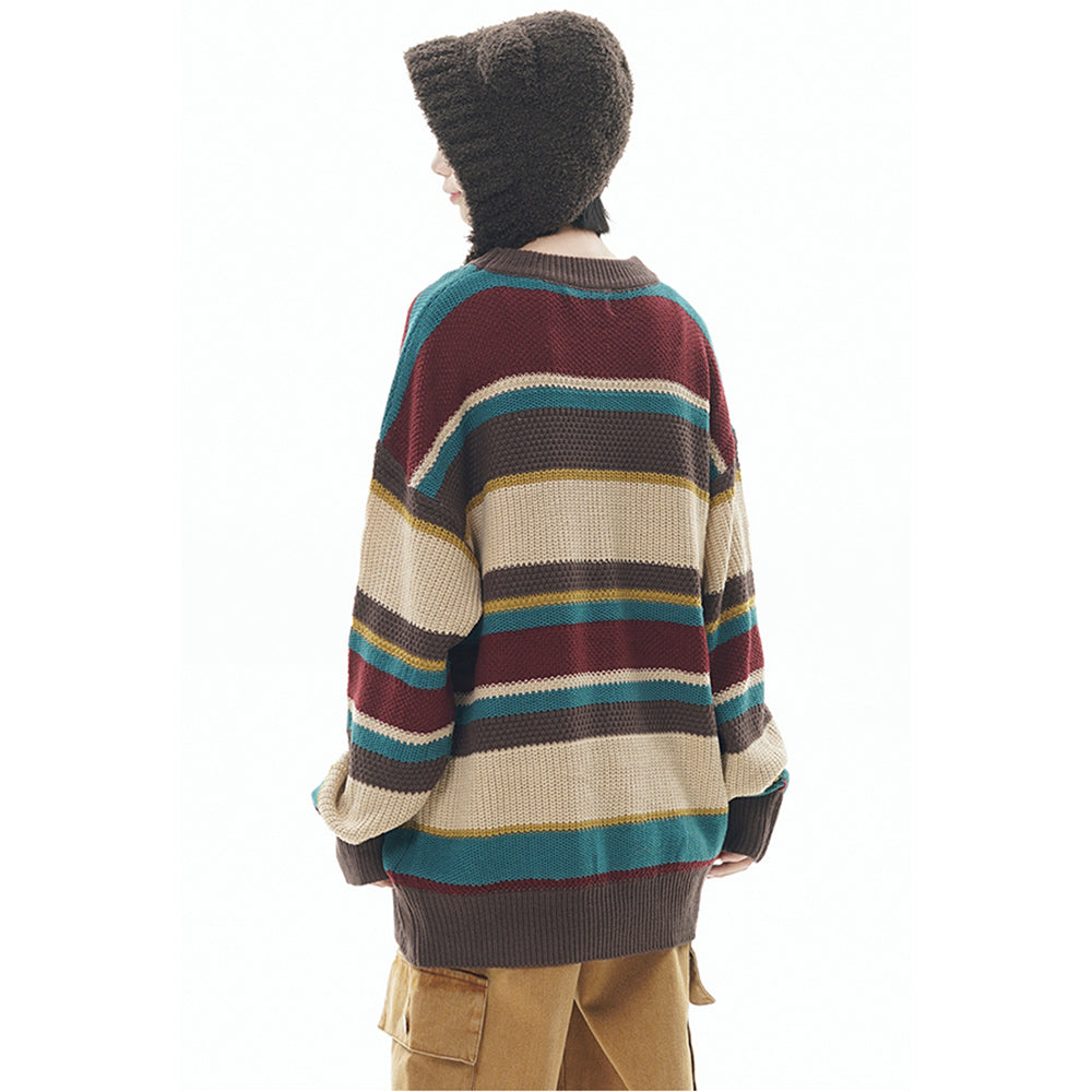 Vintage Striped College Style Loose Round Neck Knit Sweater