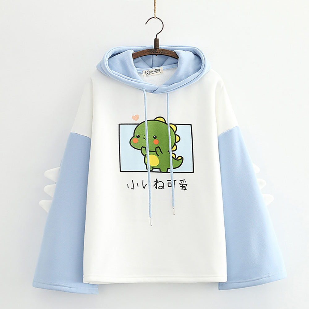 Dinosaur Japanese Letter Print Warm Hoodie