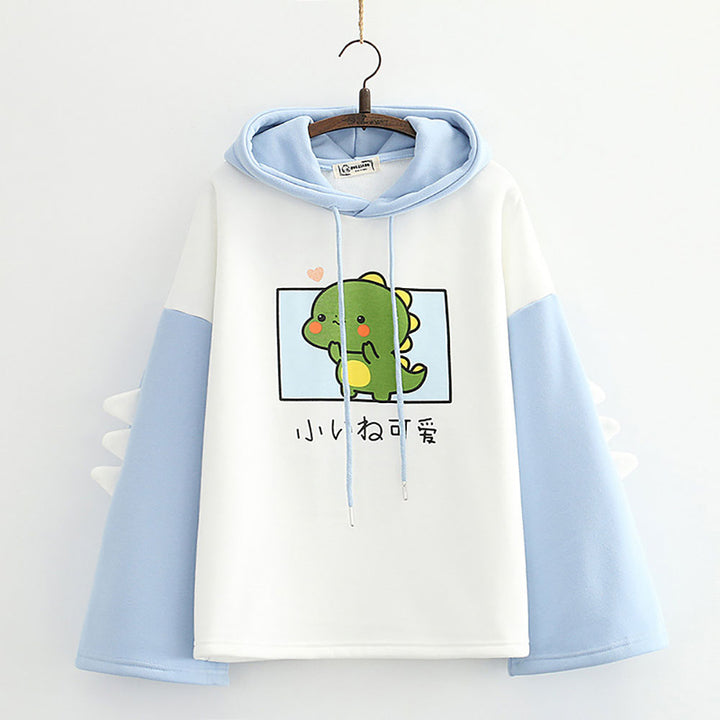 Dinosaur Japanese Letter Print Warm Hoodie