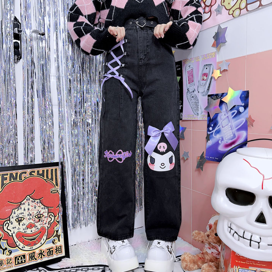 Japanese-style Harajuku Cartoon Bow Capri Jeans